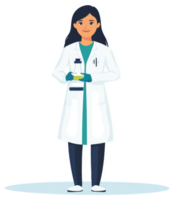 A female scientist in a lab coat holding a flask. png