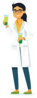 A female scientist in a lab coat holding test tubes filled with colorful liquids. png