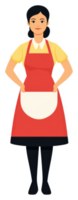 A smiling woman in a vibrant red apron. png