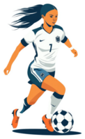 A female soccer player in dynamic motion with a soccer ball. png
