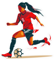 A female soccer player in dynamic motion, dribbling the ball. png