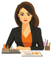 A businesswoman analyzing financial data and charts. png