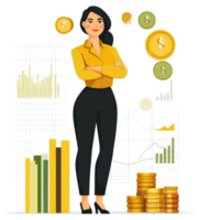 A confident businesswoman stands amidst financial data, surrounded by coins and graphs. png