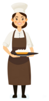 A smiling female chef wearing a uniform and carrying a tray of pie. png
