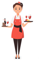 A smiling waitress carrying a tray of wine and appetizers. png