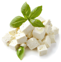 Freshly cubed feta cheese with basil garnish. png