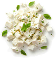 Cubed feta cheese with fresh basil garnish. png
