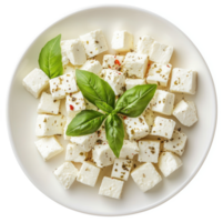 Cubed feta cheese with fresh basil and spices. png