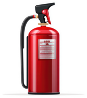 A red fire extinguisher, ready for use in an emergency. png