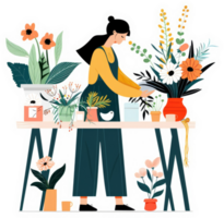 A woman tending to a colorful array of flowers and plants. png