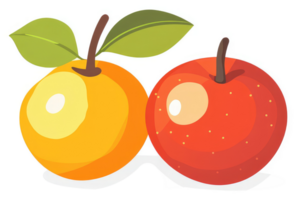 Two colorful fruits, an orange and a red apple, displayed side-by-side. png