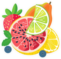 uma colorida matriz do fresco fruta fatias, Incluindo morangos, toranja, Lima, mamão, e limão. png