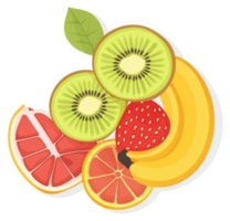 A vibrant assortment of sliced kiwi, banana, strawberry, and grapefruit. png