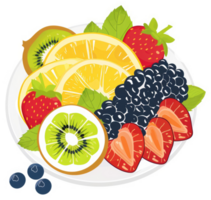 A colorful assortment of fresh fruit slices on a white plate. png