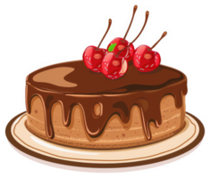 A chocolate cake decorated with cherries, drizzled with chocolate. png