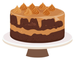 A delicious caramel-glazed chocolate layer cake on a white stand. png