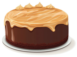 A round chocolate cake topped with caramel icing and whipped cream. png