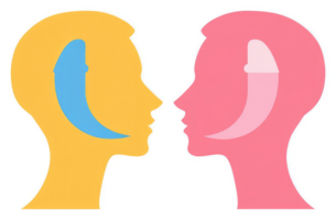 Two profile faces in conversation, symbolizing communication and understanding. png