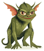 A mischievous, green, mythical creature with pointed ears and horns. png