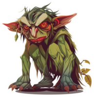 A malevolent, green, crouching goblin with sharp claws and red eyes. png