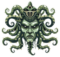 A stylized illustration of a mythical creature with a grotesque face and many tentacles. png