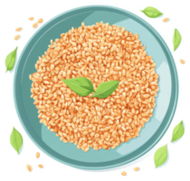 A plate of whole grains, topped with fresh basil leaves. png