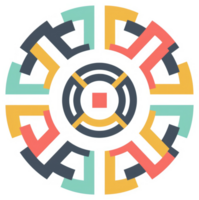 A vibrant circular design featuring interlocking geometric shapes and colorful sections. png