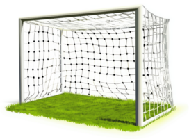 A soccer goal with a torn net on a grassy field. png
