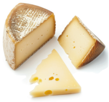 Two slices of aged cheese, one hard and one soft, displayed on a white background. png