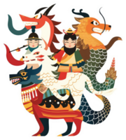 A vibrant illustration of mythical creatures in a colorful asian style. png