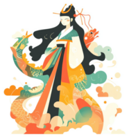 A vibrant illustration of a mythical woman in traditional attire, surrounded by swirling dragons and clouds. png