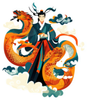 A stylized illustration of a mythical asian figure with a dragon. png