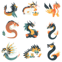 Nine colorful stylized dragons in a grid pattern. png