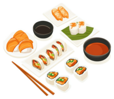 A colorful array of various sushi dishes. png