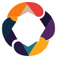 A colorful, interconnected circular design comprised of various geometric shapes. png