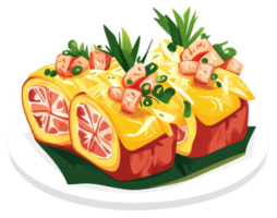 Two slices of savory egg rolls with colorful fillings. png