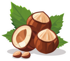 Hazelnuts with leaves and shells, showcasing the nuts' inner core. png