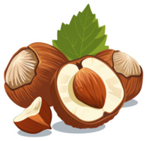 A close-up view of whole and halved hazelnuts with a vibrant green leaf. png