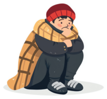 A young person huddled in a blanket, appearing cold and alone. png