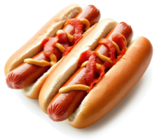 Two hot dogs on buns topped with ketchup and mustard. png
