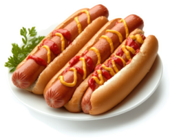 Three hot dogs on a plate, topped with ketchup and mustard. png