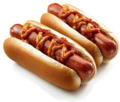 Two hot dogs in buns topped with mustard and chili. png