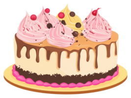 A colorful layered cake decorated with pink frosting, chocolate drizzle, and chocolate chips. png