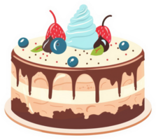 A delightful layered cake adorned with fresh berries, whipped cream, and chocolate. png