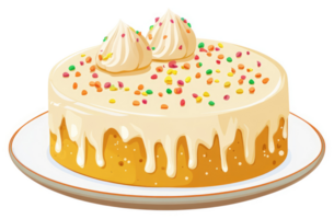 A round cake with white icing and colorful sprinkles. png