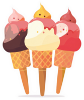 Three colorful ice cream cones with different flavors. png