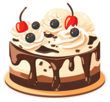A decadent chocolate and vanilla layered cake decorated with whipped cream, blueberries, and cherries. png