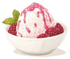 A bowl of creamy vanilla ice cream topped with raspberry sauce and fresh raspberries. png