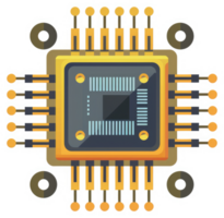 A stylized illustration of a computer chip with multiple pins. png