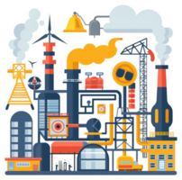A colorful illustration of a complex industrial factory with various machines and structures. png
